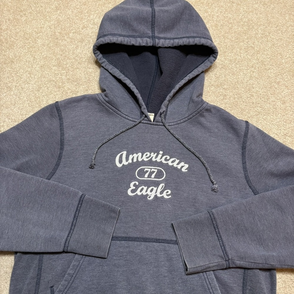 Y2K American Eagle Hoodie Sweatshirt Womens XL Faded Blue Gray Graphic Pullover